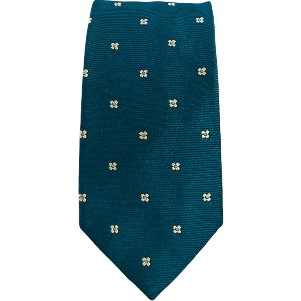 Brooks Brothers Teal Silk Tie with Small Yellow & White Flower Motif